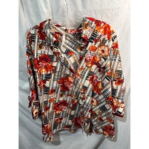 NY Collection Womens XL Floral Plaid Button Up Blouse Roll Tab Sleeve Orange Red